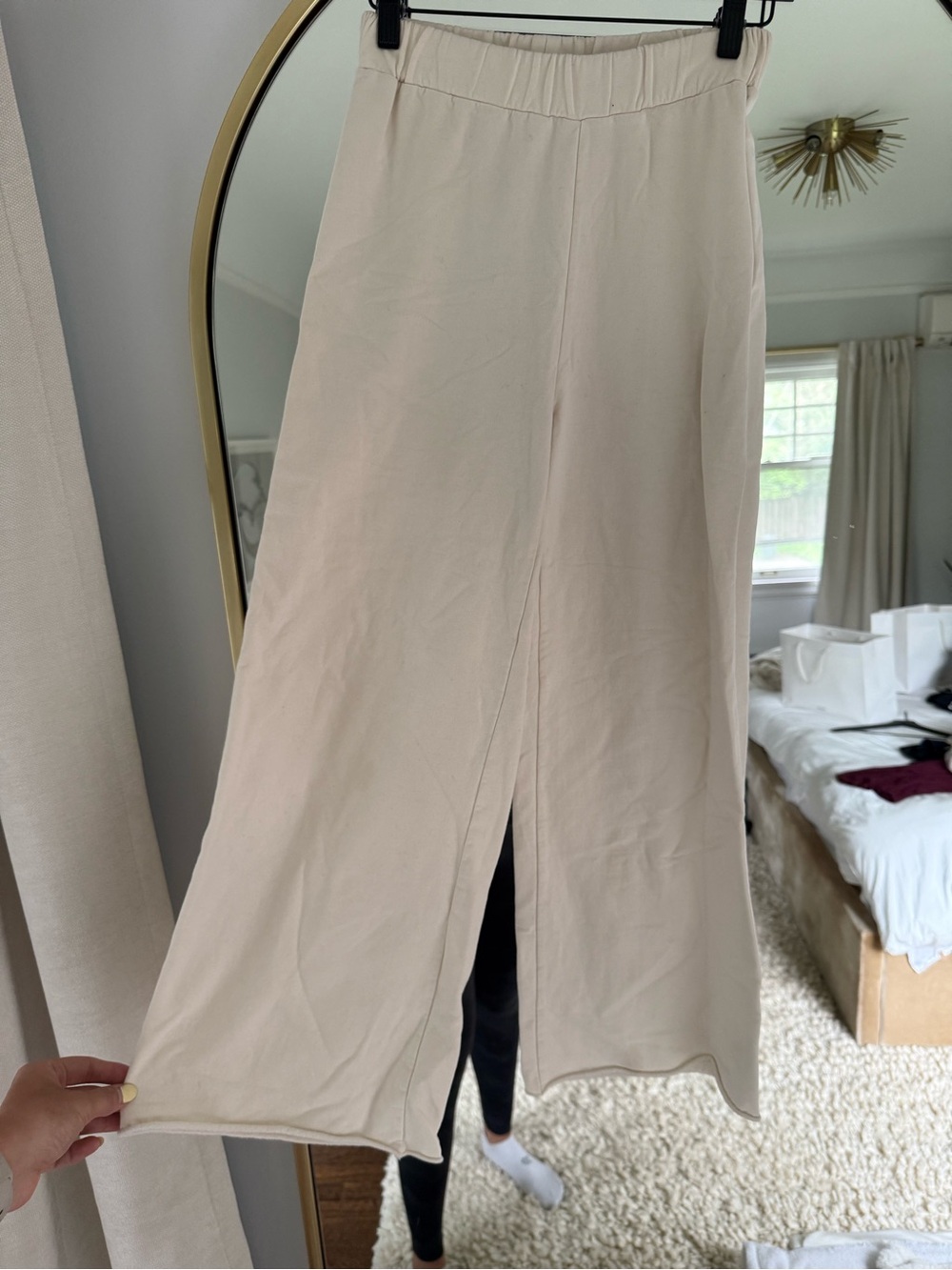 Cream Wide-Leg Split Hem Pants - Elastic Waist